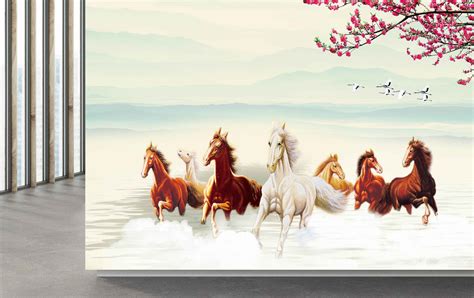 Avikalp MWZ3772 Brown White Seven 7 Horses Racing Birds Pink Flowers B ...