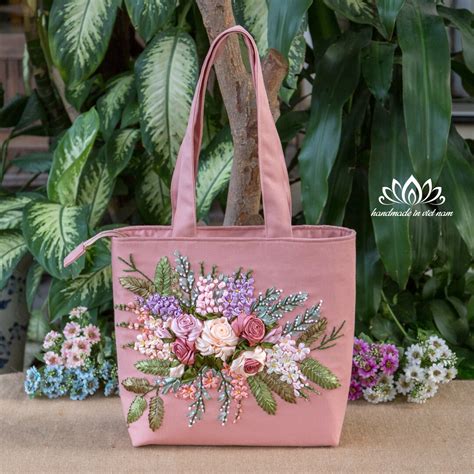 Embroidered Tote Bag, Tote Bag With Zipper, Unique Ribbon Embroidery ...