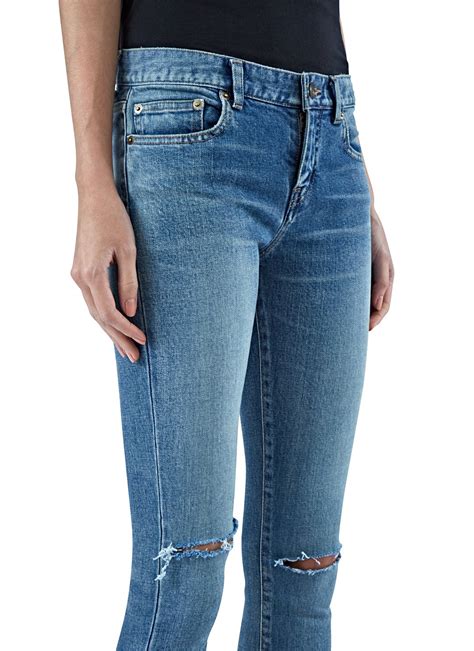 Saint Laurent Women's Skinny Ripped Knee Jeans In Blue in Blue - Lyst
