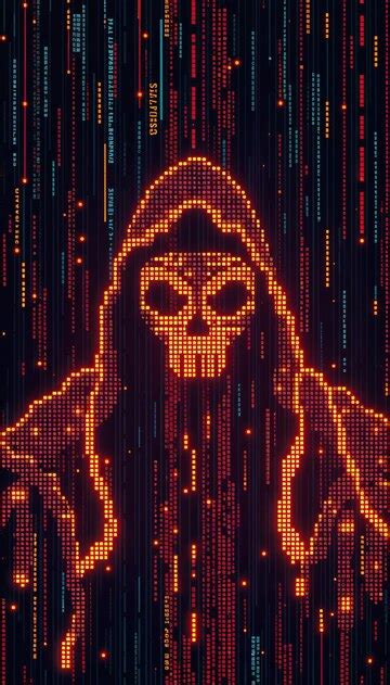 Dark hacker skull in hood with neon matrix code background technology ...