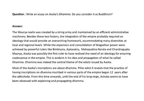Asoka's Dhamma - Grade: 9 - Question : Write an essay on Asoka’s Dhamma ...