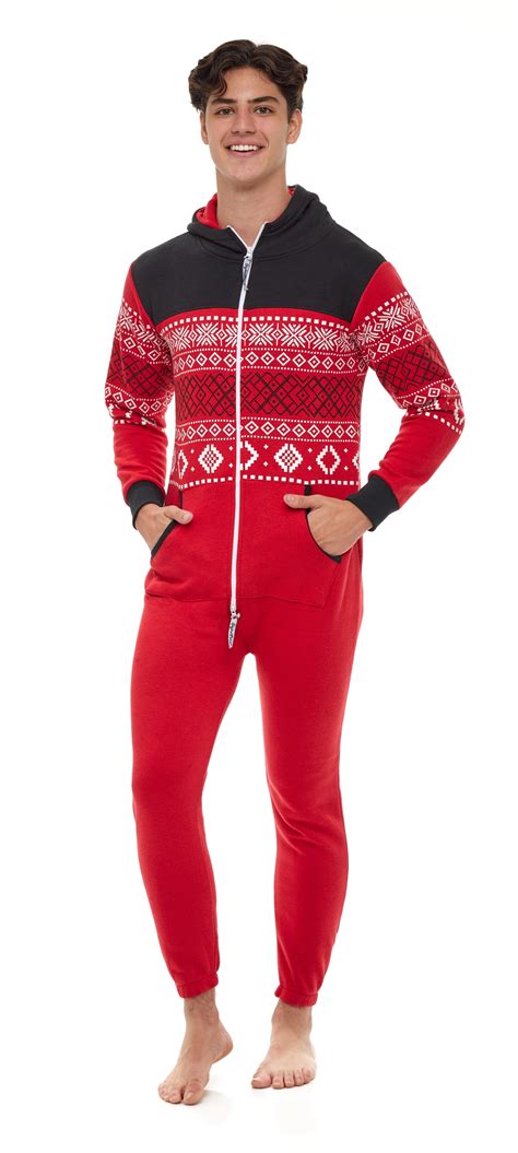 Men One Piece Non Footed Printed Pajamas, Adult Sleepwear with Hood ...