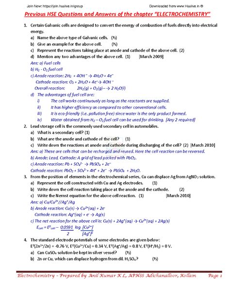 Eletrochemistry - Previous HSE Questions and Answers of the chapter ...