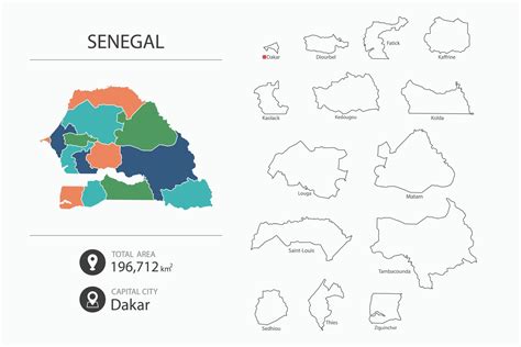 Map of Senegal with detailed country map. Map elements of cities, total areas and capital ...