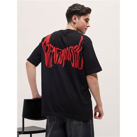 Buy THE BEAR HOUSE Men Black Cotton Oversized Crew Neck T-Shirt Online