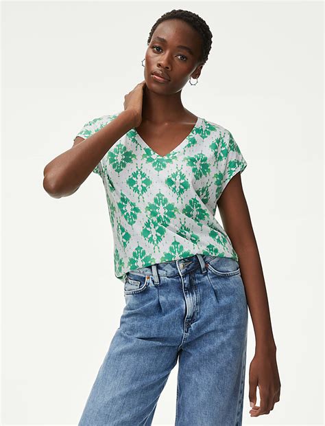 Buy Cotton Rich V-Neck Printed Longline T-Shirt at Marks & Spencer