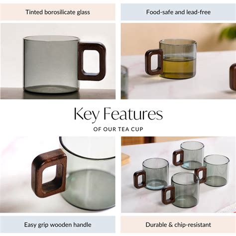 Black Tinted Cups With Wooden Handle Set Of 4 200ml Online - Premium ...