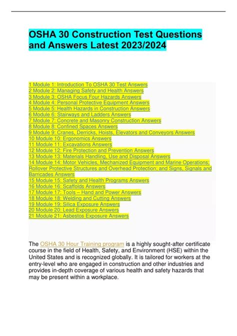 OSHA 30 Construction Test Questions and Answers Latest 2023/2024 - Osha ...