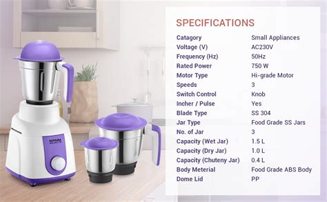 Buy Kutchina Milano Mixer Grinder 750 Watt with 3 Jars | Powerful Motor ...