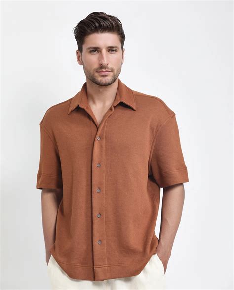 Rare Rabbit Men's Kash Rust Viscose Plain Boxy Fit Half Sleeve Collare