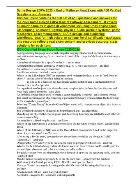 Game Design EOPA 2025 – End of Pathway Final Exam with 450 Verified ...