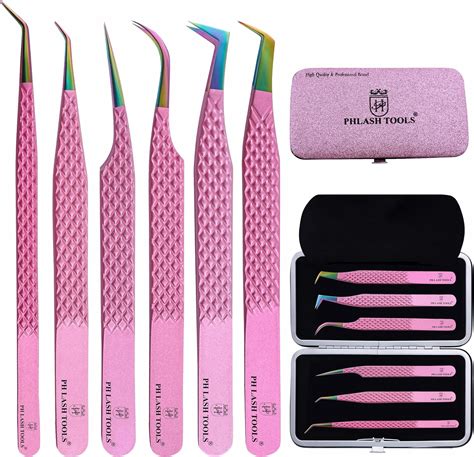 PHLASH Pack of 6 Lash Tweezers for Eyelash Extensions. Stainless Steel ...