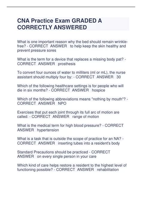 CNA Practice Exam GRADED A CORRECTLY ANSWERED - CNA Practice - Stuvia US