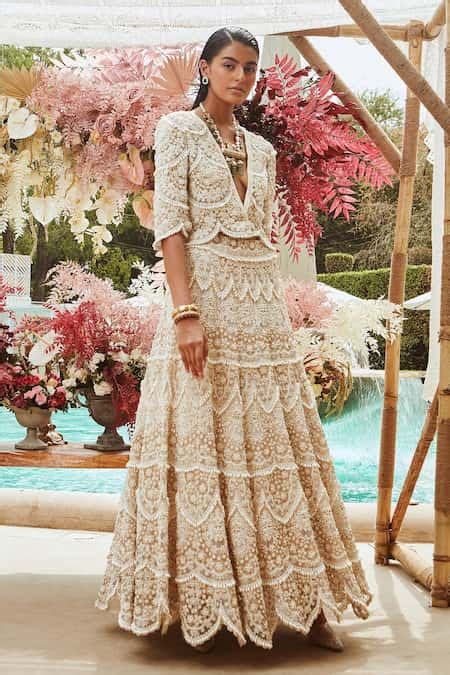Buy White Tulle And Crepe Pearl & Beads V Neck Embroidered Overlay ...