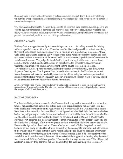 GANT V. Arizona - Stop and frisk is when police temporarily detain ...