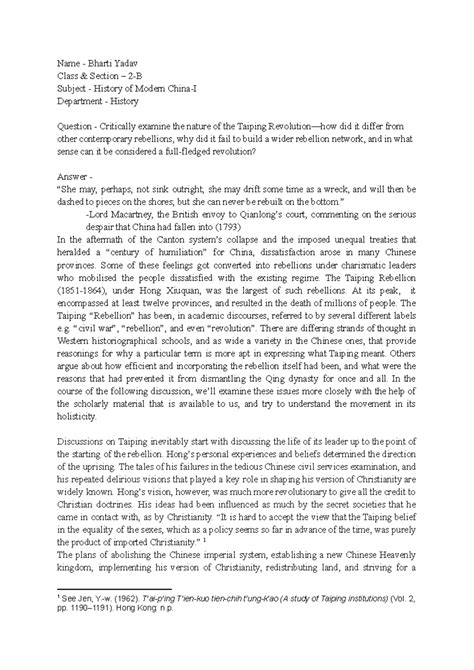 HIST 101: Taiping Rebellion - Nature, Failures, and Comparisons - Studocu