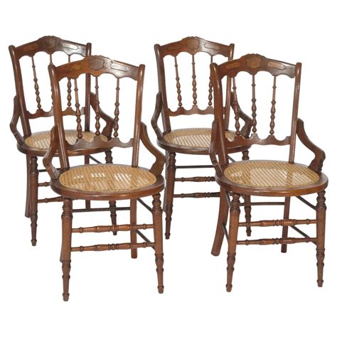 Antique Set of Four Victorian Walnut, Burl and Cane Seat Dining Chairs ...
