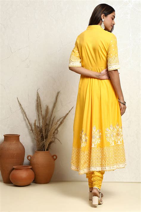 Buy Yellow Blue Printed Cotton Anarkali Suit Set Online at Biba Global