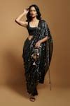 Buy Black Silk Sequins, Mirrors Round Neck Pre-draped Saree With ...