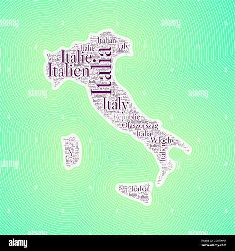 Italy shape formed by country name in multiple languages. Italy border on stylish striped ...