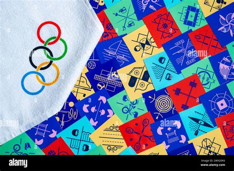 PARIS, FRANCE, MARCH 26, 2024: Olympics rings and pictogram of all ...