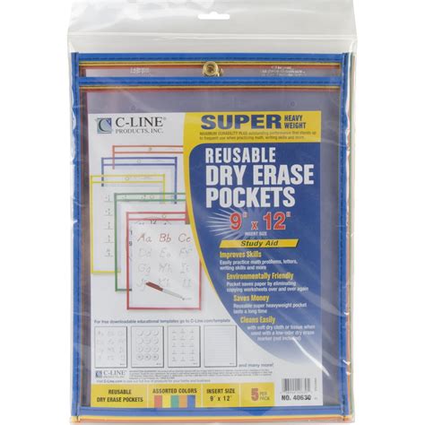 C-Line Reusable Dry Erase Pockets, 9 x 12, Assorted Primary Colors, 5 ...