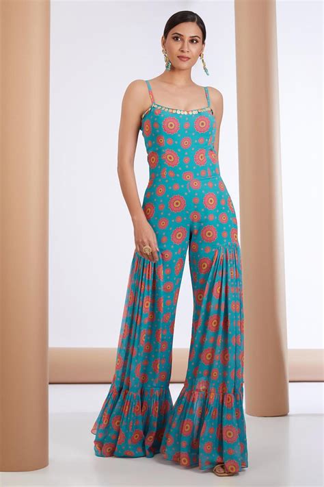 Blue Georgette Floral Print Embellished Jumpsuit – Neha Khullar