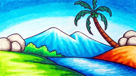 Easy Nature Scenery Drawing for Beginners | How to Draw Simple Scenery of Mountain and River ...