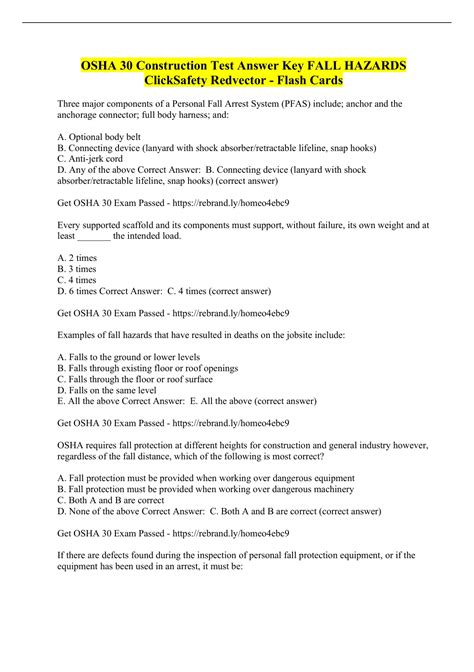 OSHA 30 Construction Test Answer Key FALL HAZARDS ClickSafety Redvector ...