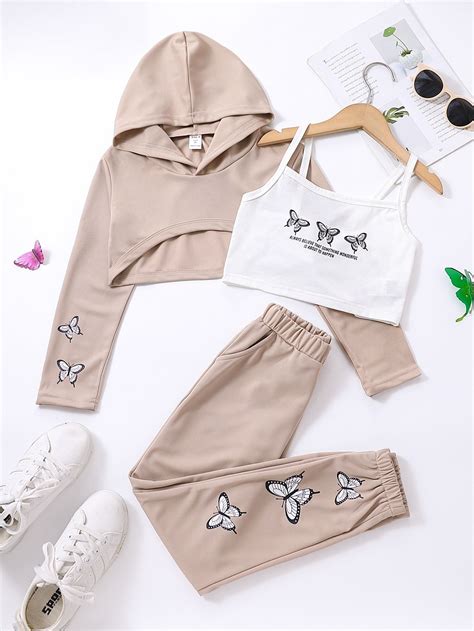Girls Slogan & Butterfly Print Cami Top & Hoodie & Sweatpants | SHEIN ...