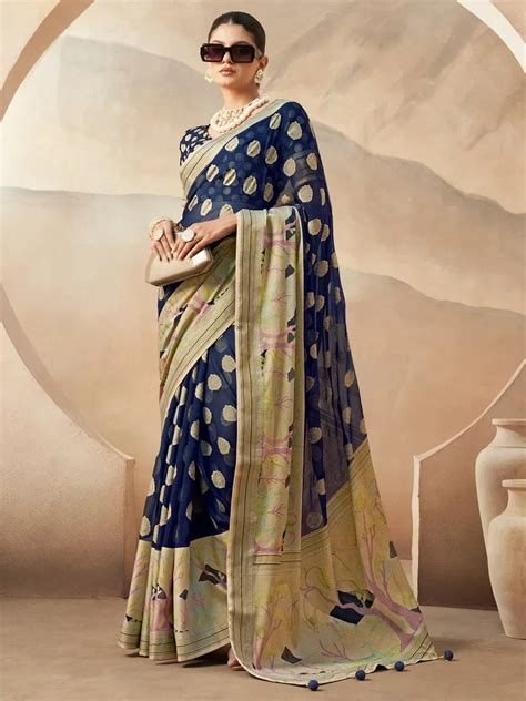 Buy Navy Blue Zari Weaving Georgette Paithani Saree From Ethnic Plus