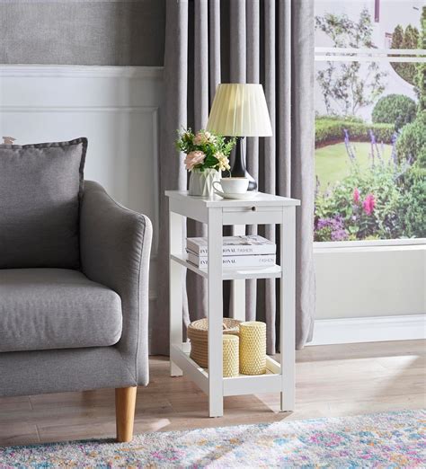 Amazon.com: GOFLAME Narrow End Table, Slim Side Table with Drawer & 2 Open Storage Shelves ...