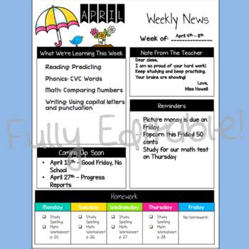 APRIL - Editable Newsletter with Calendar - BW & Color by Liv's Learners