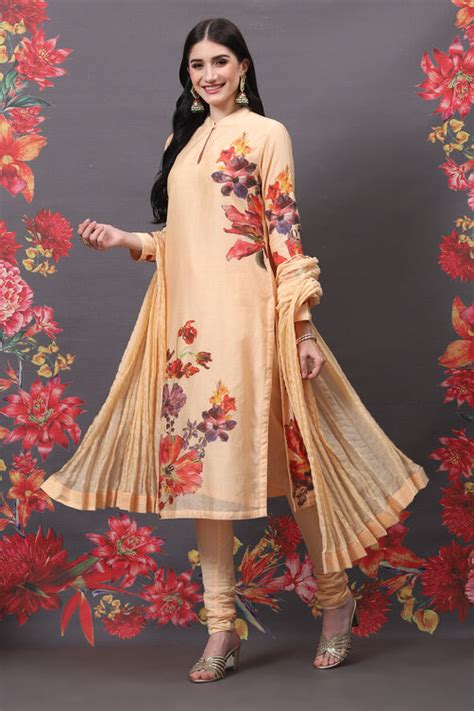 Rohit Bal Peach Cotton Silk Straight Printed Suit Set at Biba India