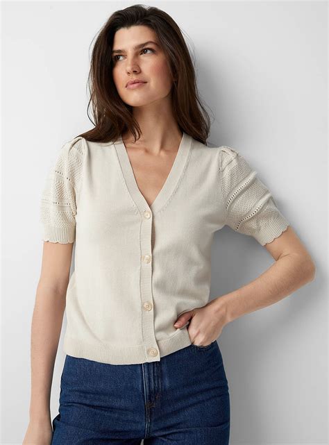 Contemporaine Crocheted Puff Sleeves Cardigan In Cream Beige | ModeSens