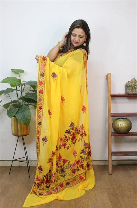 Yellow Embroidered Kashmiri Aari Work Georgette Saree - Luxurionworld