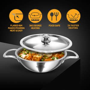 Dhara Stainless Steel 20 CM Triply Kadhai | Food Grade Gas Stove ...