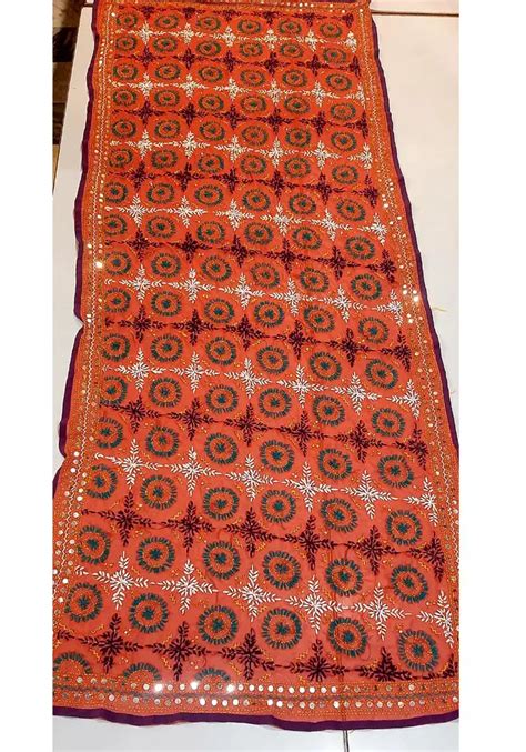 Orange Colour Phulkari Hand Embroidery Dupatta | rajasthantextiles.in