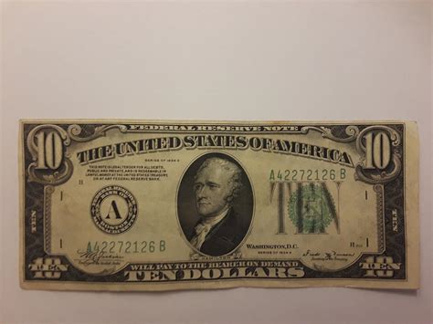 Vintage 1934 B Ten Dollar Bill $10 Federal Reserve Currency Note ...