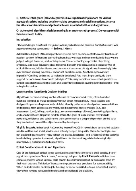 Ethical Implications of AI & Algorithms: A Critical Analysis (CS101 ...