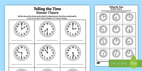 O'clock and Half Past Times Worksheet English/French