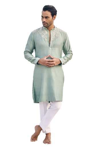 Buy Green Silk, Cotton Mirrors, Embroidery Geometric Yoke Kurta Set For ...