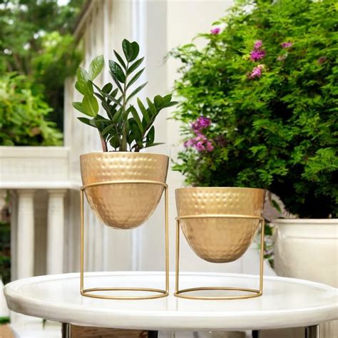 Buy Alle Gold Metal Plant Pot with Stand (Set of 2) in India at Best ...