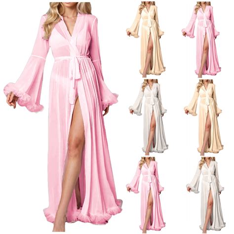 Aboser Floor Length Robes for Women Furry Trim Bridal Wedding Robe See ...