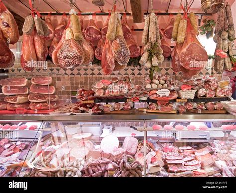 Interior view of a butcher, charcuterie, delicatessen, shop selling ...