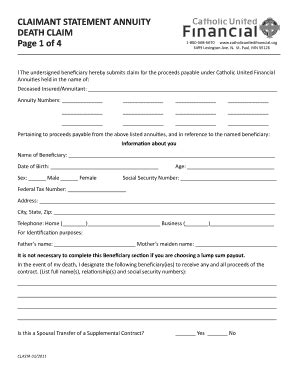 Fillable Online catholicunitedfinancial CLAIMANT STATEMENT ANNUITY ...