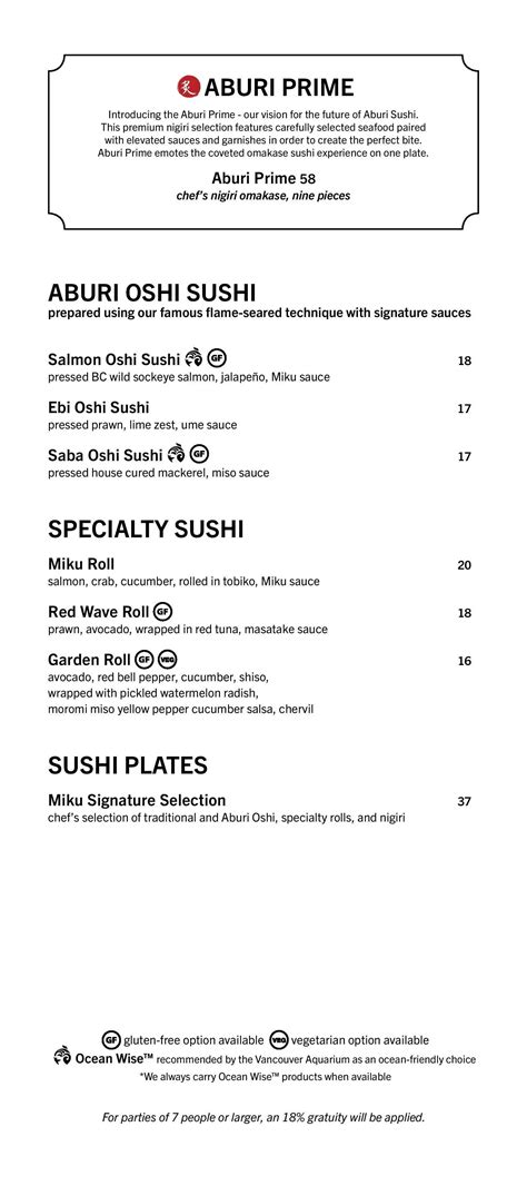 Menu at Miku Japanese Restaurant, Vancouver