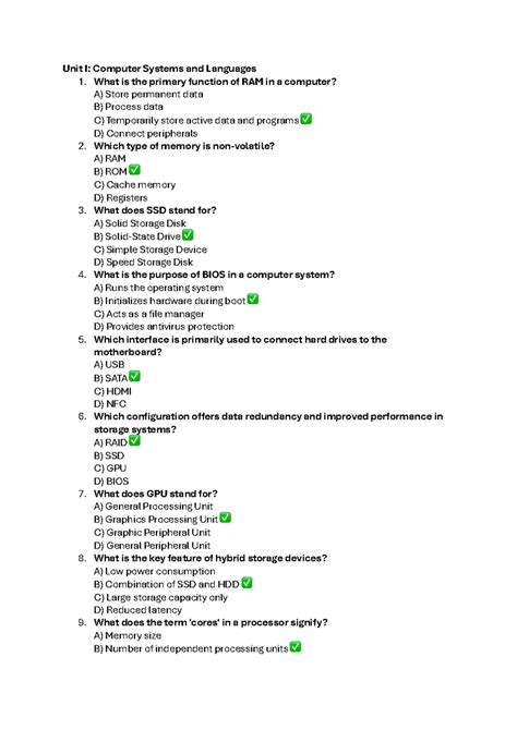 CSE111 sample Question - Unit I: Computer Systems and Languages 1. What ...