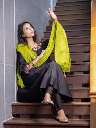 Shop Smriti Gupta Women Olive Green Kota Striped Hand Embroidery ...