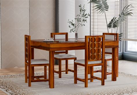 Buy Gilbert 4-Seater Dining Table Set with Cushion (Honey Finish ...